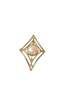 Monet Vintage Gold Tone Diamond Shape Brooch Pin with Faux Pearl